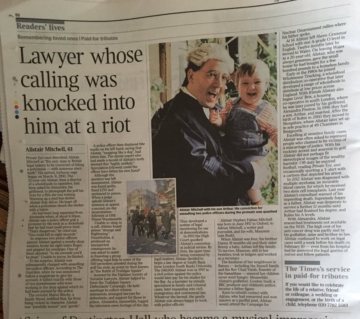 carnybull's tweet photo. In 1990 Alistair was arrested on the Anti Poll Tax Demonstration in Trafalgar Square. It was an event that changed his life. Today, The Times newspaper picks up on the story in their ‘Readers’Lives’ section. Ps. We didn’t have to pay as they instigated and wrote the obituary. https://t.co/NH9QMAcpmu