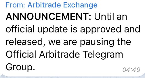$DIG 

2 subjects IMO.

1.
The official <a href="/ArbitradeX/">Arbitrade Exchange | Official</a> telegram is paused until they have the license and a team can be hired to run all social media.

2.
Why should <a href="/ArbitradeX/">Arbitrade Exchange | Official</a> attend a security event in #Bermuda when they are a stablecoin. IMO price will follow after the launch.