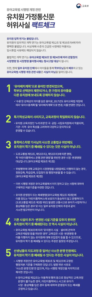 our_moe's tweet image. #유아교육법팩트체크 유치원의 임의적인 개학 연기는 유아교육법상 불법입니다. 일부 유치원 단체에서 학부모님들께 배포하는 유아교육법 시행령 개정 관련 가정통신문의 내용은 사실이 아닙니다.