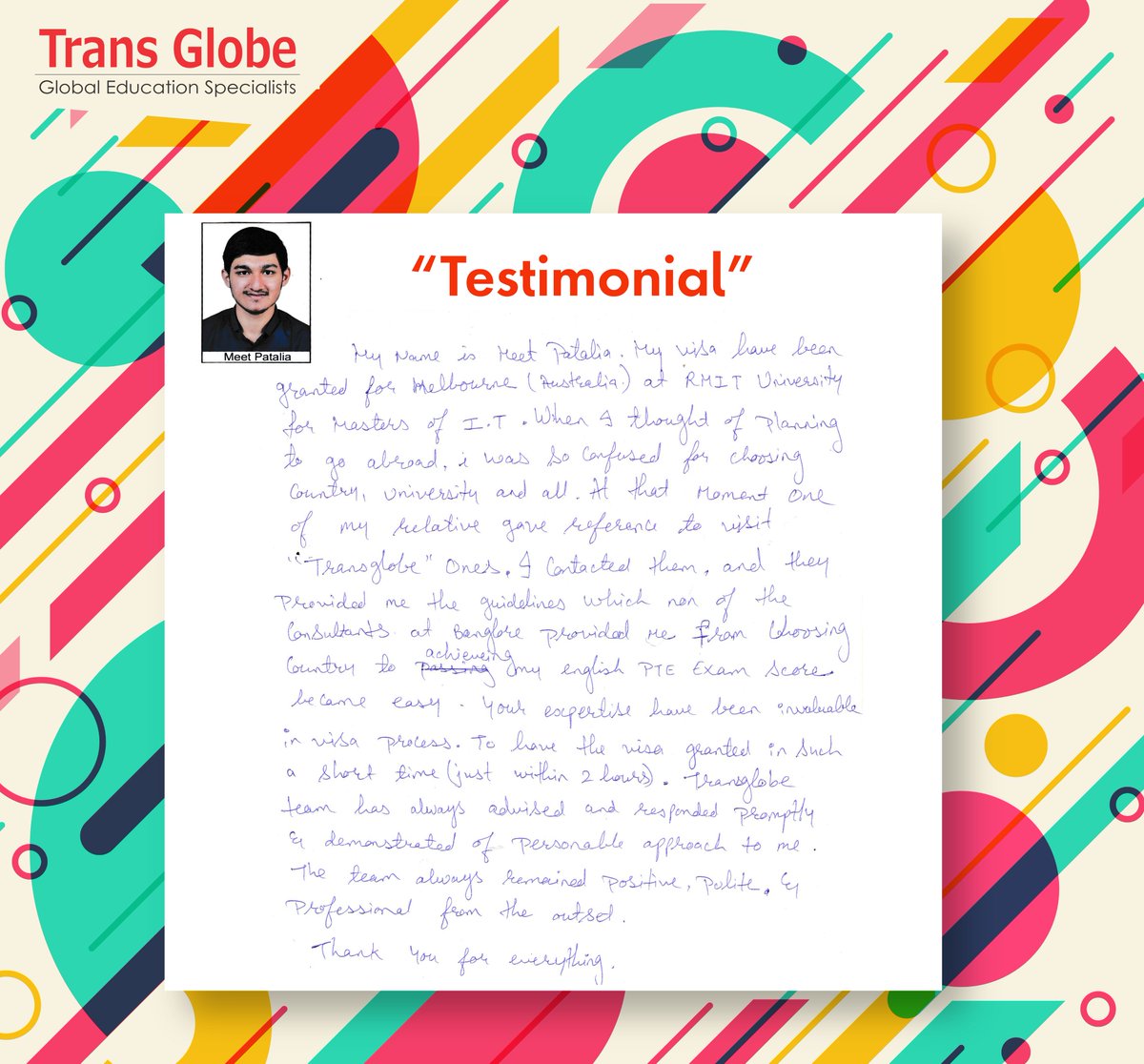 TransGlobe16's tweet photo. Another happy student!!!
#Studyabroad #OverseasEducation #Students #Testimonials #TransGlobe #TransGlobeEducation #StudentTestimonial #futurethroughtransglobe #VisaApproval
Meet Patalia - Visa Approved https://t.co/roM4pMa0EK