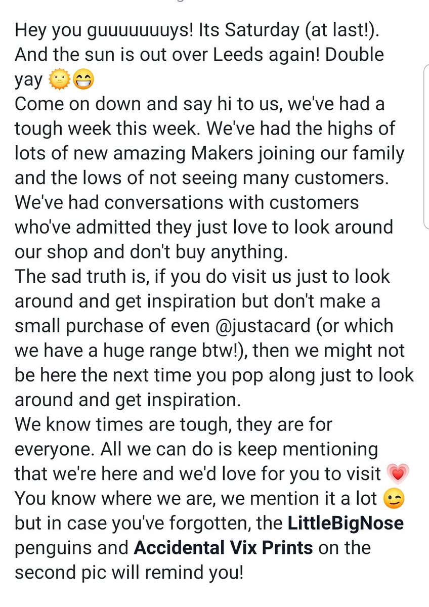 ourhandmadecoll's tweet photo. Happy #Saturday #Leeds! 
We've had a tough week, with highs of welcoming talented new makers to our shelves, and lows of customer convos as detailed below. The sad fact is, if you love our shop but only visit to look and be inspired we might not be here next time 😥
@Justacard1 https://t.co/67VTdStTmI