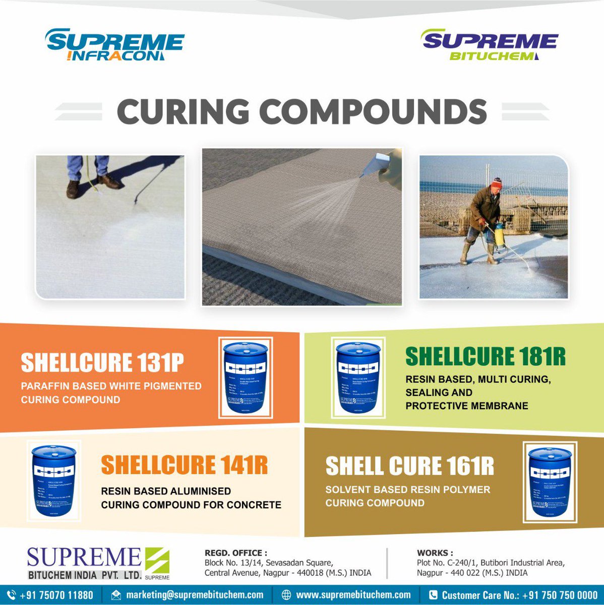 SHELLCURE -CURING COMPOUND
SHELLCURE131P(PC1134),
SHELLCURE 181R (PC2151)
SHELLCURE 141R(PC 2176) 
SHELLCURE 161R(PC 2173)
A product of Supreme Bituchem India Pvt Ltd. For details visit supremebituchem.com call 07507500000 @India @Maharashtra #roads #concrete #curingcompound