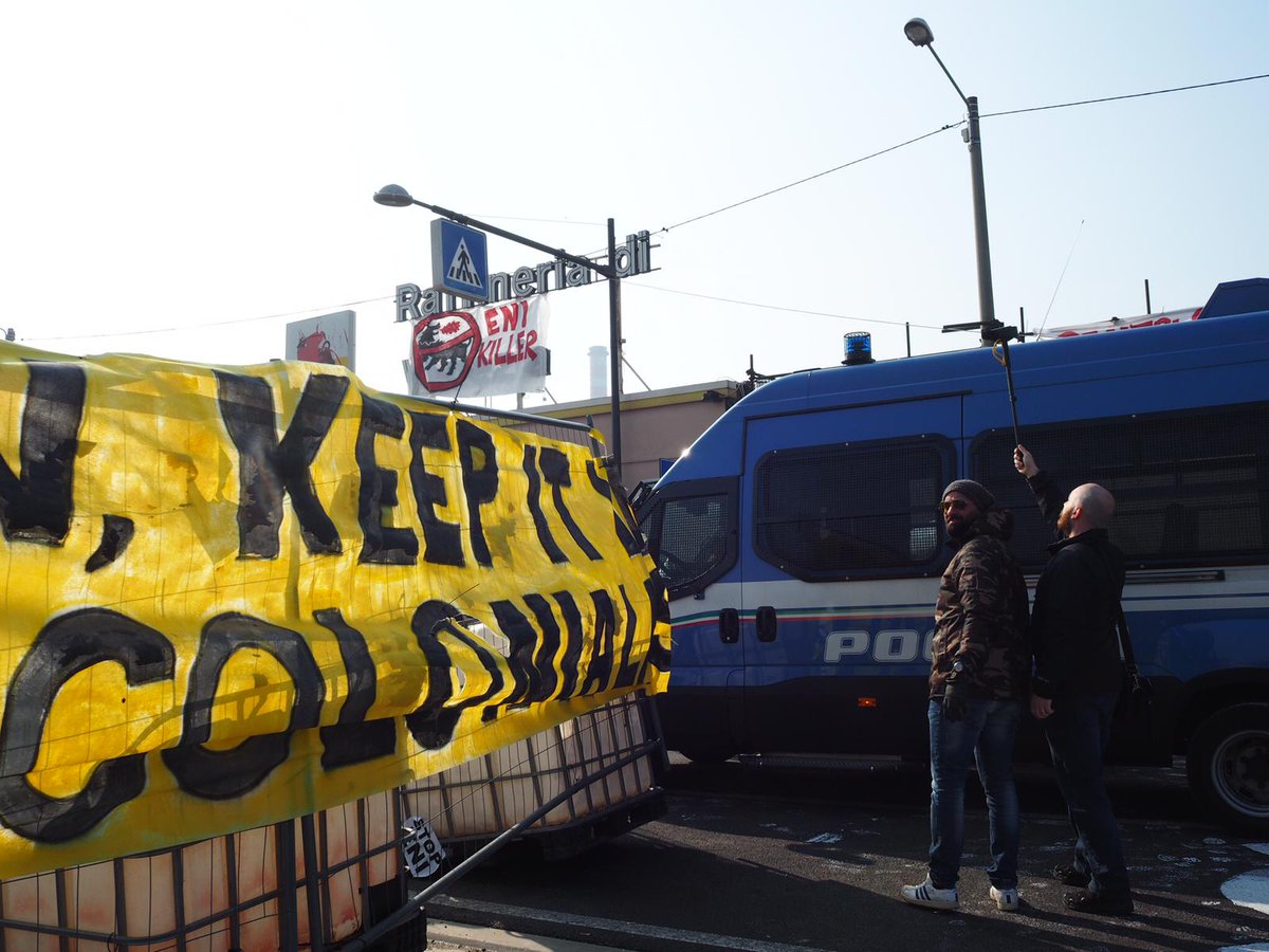 global_project's tweet photo. Police evacuate the area with an armoured vehicle. Activists left the refinery after more than 4 hours of blockade. Over 30 trucks and a 
Tanker were blocked all morning long. #ENI #StopEni #climatechange https://t.co/6Ygyp7vbdG