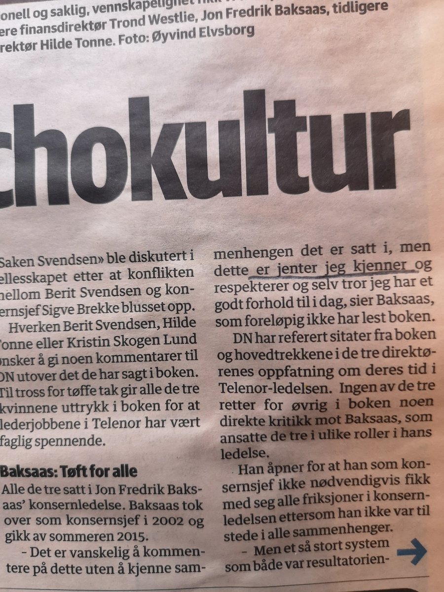 HenningKristoff's tweet image. Herlig når tidligere konsernleder i Telenor, Baksaas - i en artikkel om machokultur! - omtaler sine tidligere lederkolleger som "jenter"