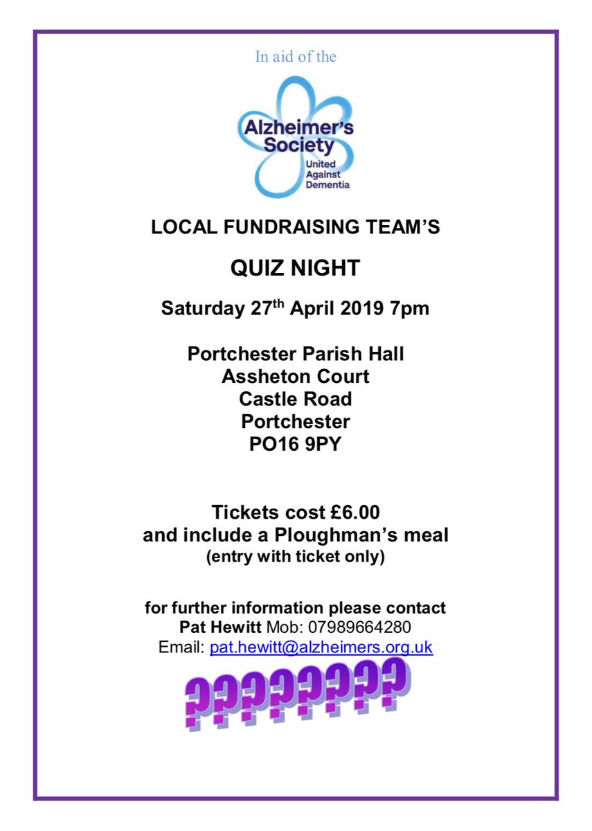 DementiaFG's tweet photo. Who loves a quiz? #Charity Quiz night will be taking place at the Paris Hall in Portchester 

Saturday 27th April starting at 7PM

£6 ticket including a lovely ploughman’s, lots of fun to be had all in aid of @alzheimerssoc 

Get in touch to secure your place, and good luck 😉 https://t.co/Oiz4z9x7l8