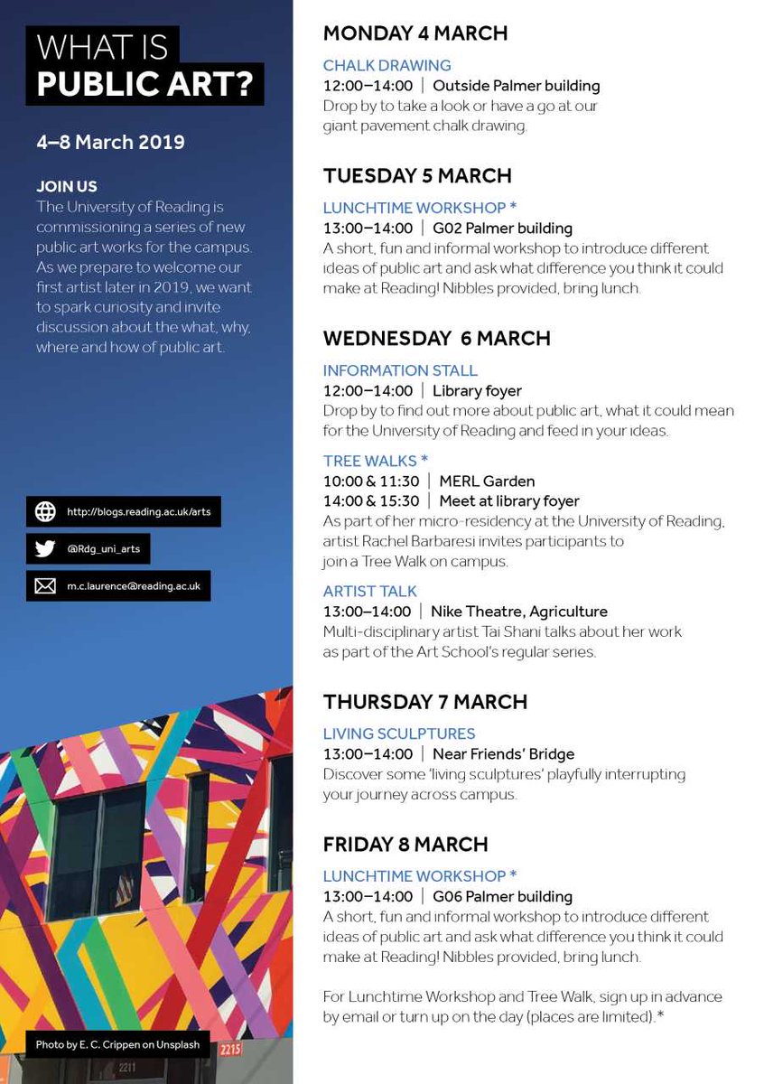 Rdg_uni_arts's tweet photo. Next week (4-8th March) we will be exploring #WhatIsPublicArt on campus and here on the @Rdg_uni_arts twitter - there is lots to be getting involved with! 

https://t.co/clYo4aUK03 https://t.co/H04U3eFumE