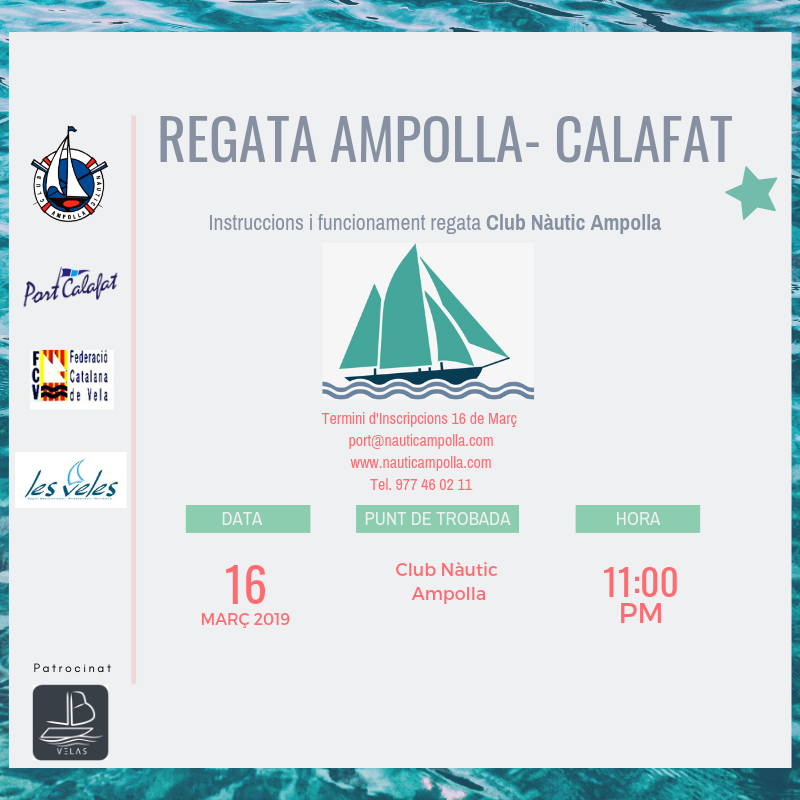 PortCalafat's tweet photo. El pròxim 16 de Març organitzem juntament amb el Club Nàutic de l'Ampolla una regata.
Per a més informació truqueu al tel. 977 460 211 
port@nauticampolla.com https://t.co/3qAe1r2IDQ