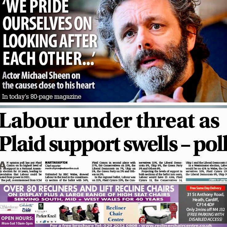 Today’s Western Mail frontpage. According to the poll Plaid already leads Labour among those aged 54 and under. Welsh politics is on the cusp of change.  Want to be part of it? Join Plaid today.