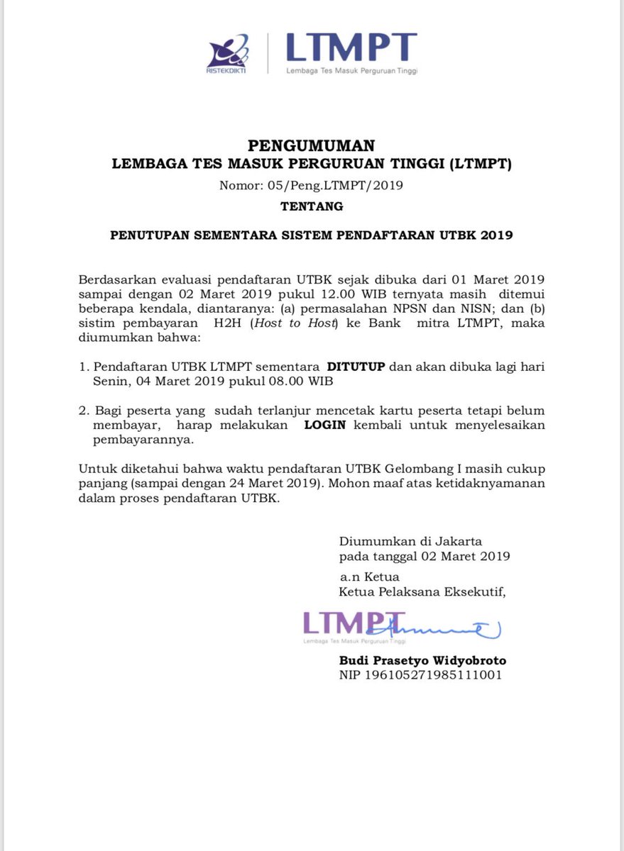 Pengumuman LTMPT tentang Penutupan Sementara Pendaftaran UTBK 2019