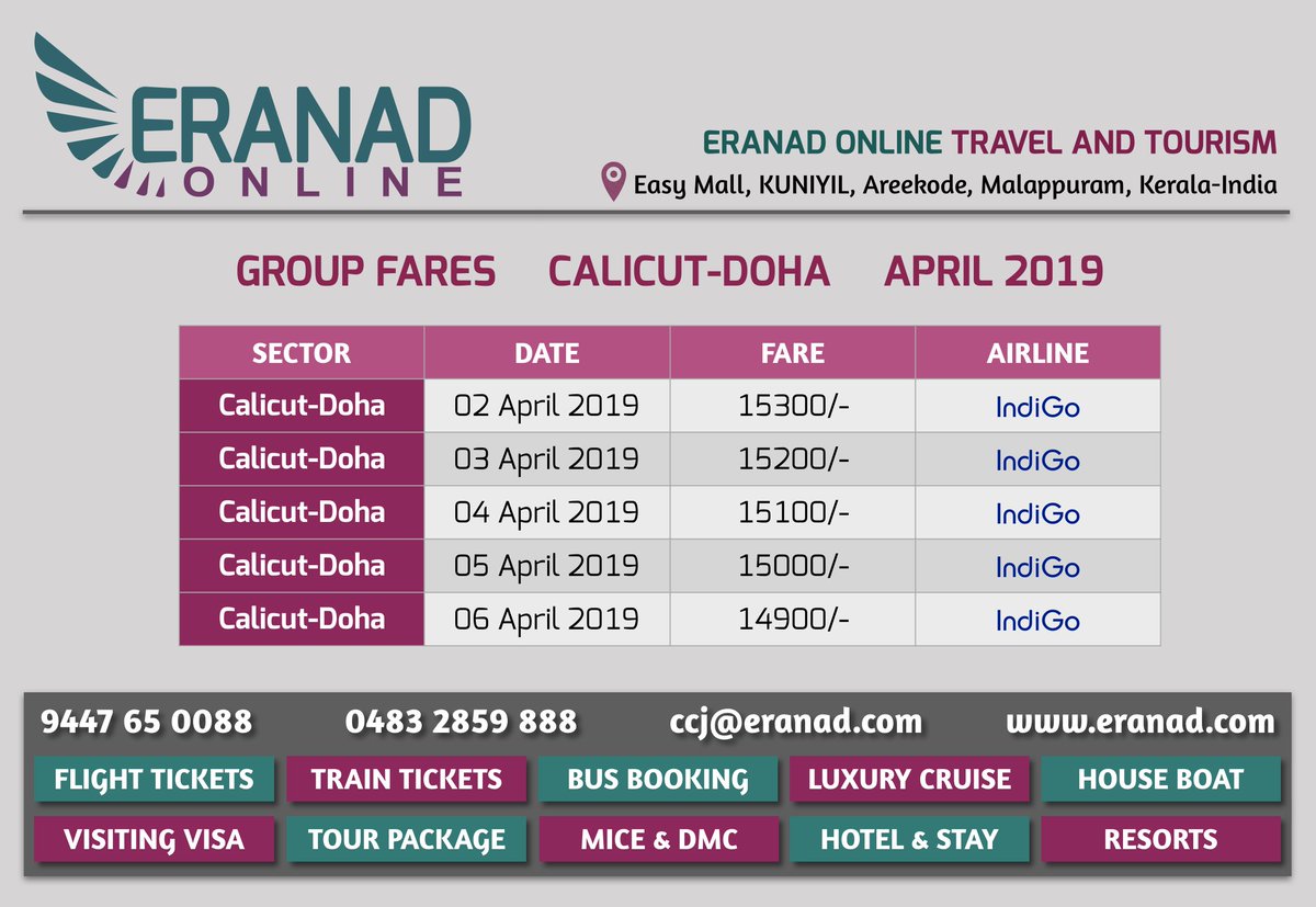 eranadtourism's tweet photo. GROUP FARE ALERT! CCJ-DOH April 2019
Dear traveler, find the best available air fare to #Doha from #Calicut. Hurry up, only few seats available.
To book a ticket or more information: Dial us on 9447650088
#CCJDOH #LowestAirFare #GroupFare #EranadOnline #EranadTourism #ഏറനാട് https://t.co/Mgho5LfiKo