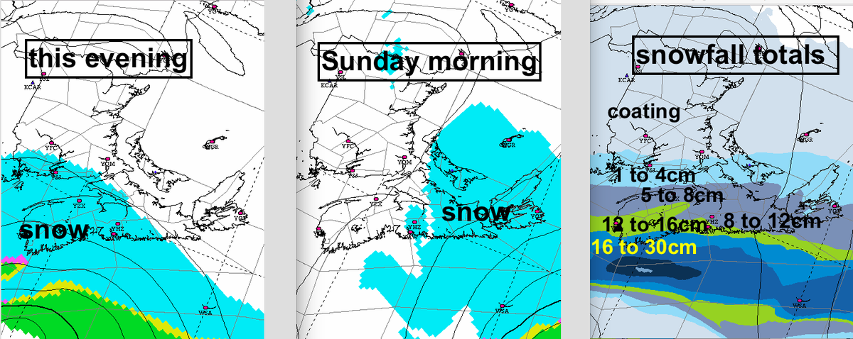 YHZweatherguy's tweet photo. A slight shift to the S in predicted track: folks in NB-PEI-CB Highlands may get a shovel break. Since the snow should not be wet &amp; dense, I expect at least 15cm Halifax (unless the track continues to trend further south). 
Monday's mess impacts all 3 provinces then turns cold. https://t.co/ZgCeLd6CH7