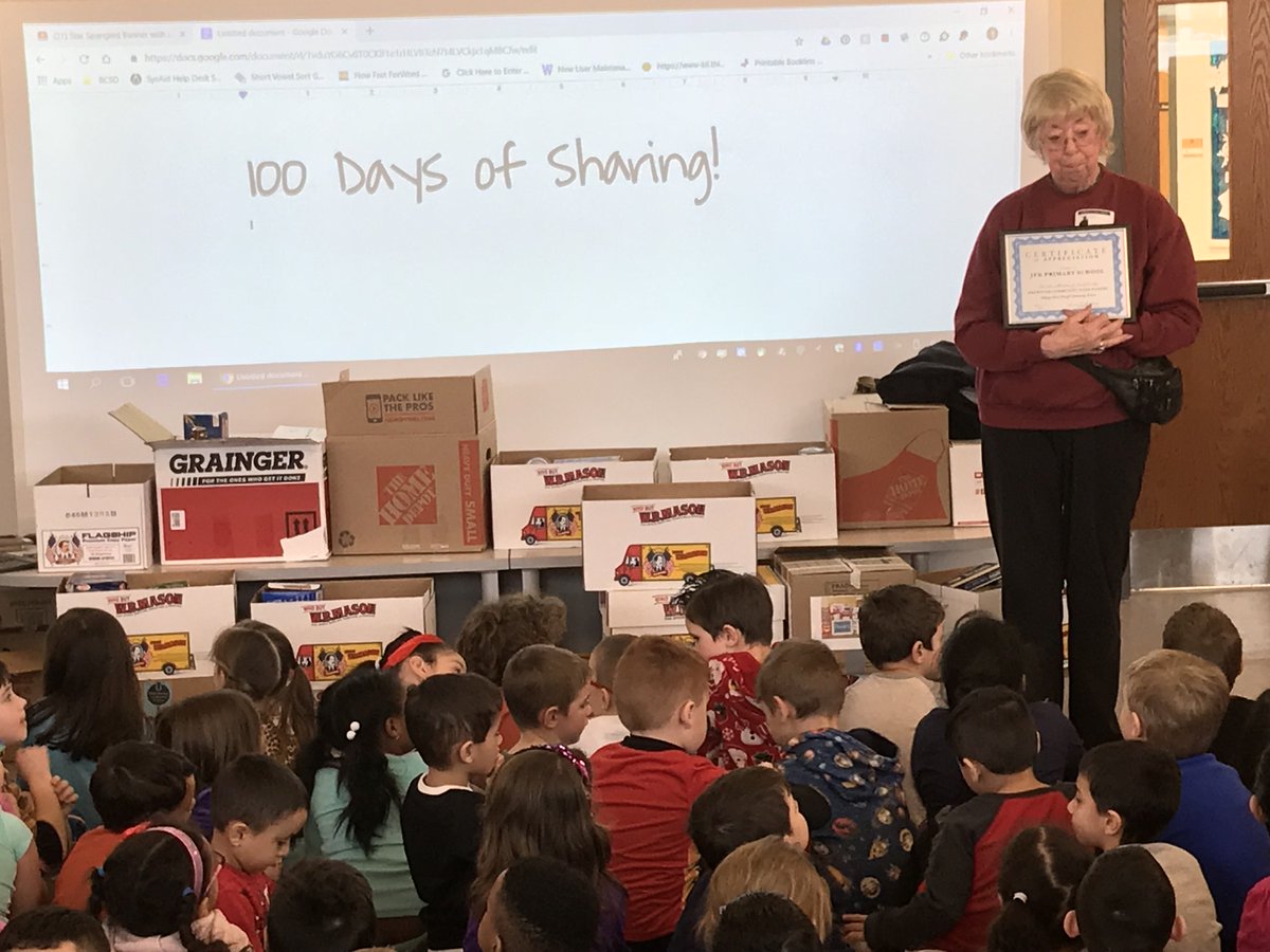 BSCDCSemmens's tweet photo. A very special day at JFK. Our amazing colleagues Stacy Sanborn &amp; Kim Rosafort organized a Kindergarten team project called “100 Days of Sharing” in effort to collect food for families in need. Sue Burcroff from the Brewster Food Pantry who accepted our donations https://t.co/cN9rXqsM2m
