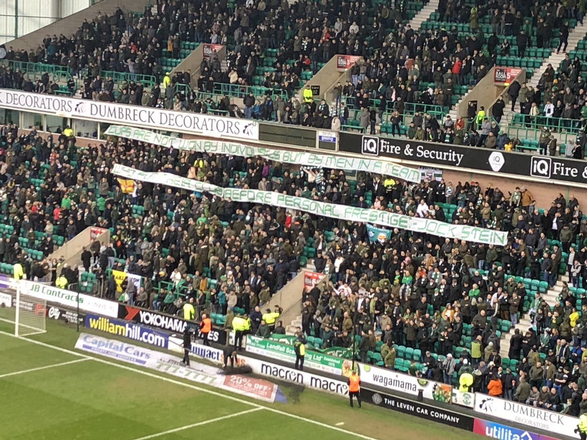Banner from the Celtic support at Easter Road: 

“Cups are not won by individuals but by men in a team who put their club before personal prestige - Jock Stein”.