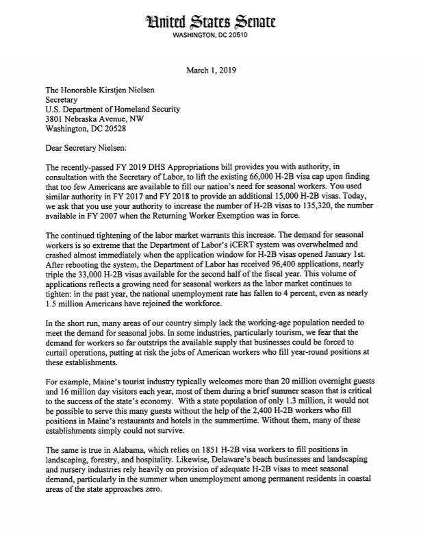 SenAngusKing's tweet image. Without @DHSgov raising the H-2B visa cap to allow for additional workers, Maine’s seasonal businesses will struggle to meet the demand for services in the summer. That’s why I joined with @SenatorCollins and bipartisan colleagues to urge @SecNielsen to raise the visa cap.
