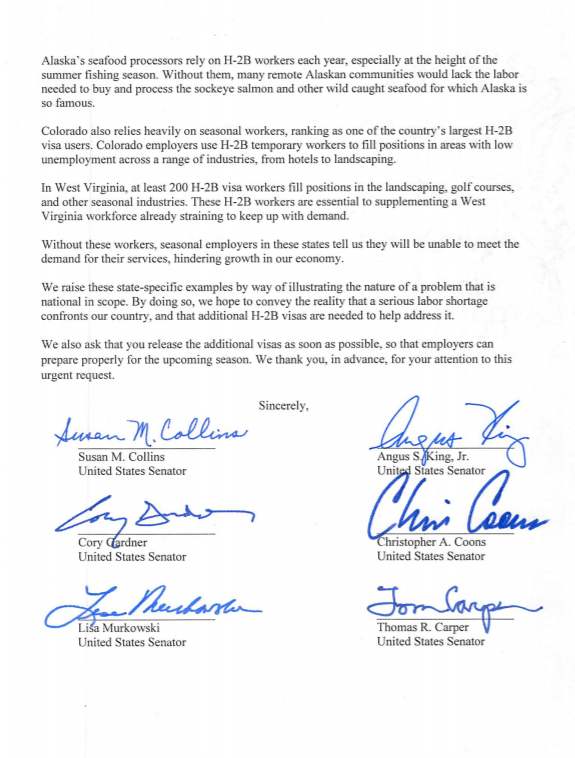 SenAngusKing's tweet image. Without @DHSgov raising the H-2B visa cap to allow for additional workers, Maine’s seasonal businesses will struggle to meet the demand for services in the summer. That’s why I joined with @SenatorCollins and bipartisan colleagues to urge @SecNielsen to raise the visa cap.
