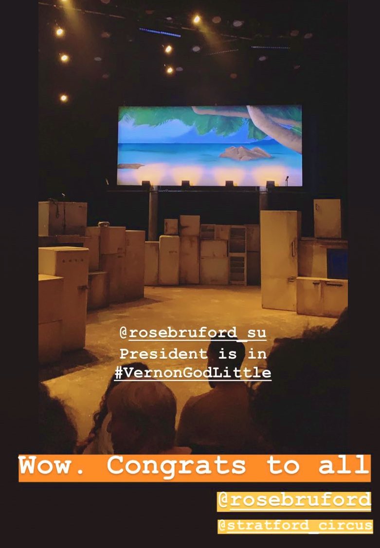 Congrats to Cast, Crew &amp; Creatives involved in <a href="/VernonGodLittl1/">Vernon God Little</a> WOW. Loved it. <a href="/rosebruford/">Rose Bruford College</a> 

Running @StratfordCircus till Monday... check it out #DramaSchool #Graduate #Actors #FridgeGate