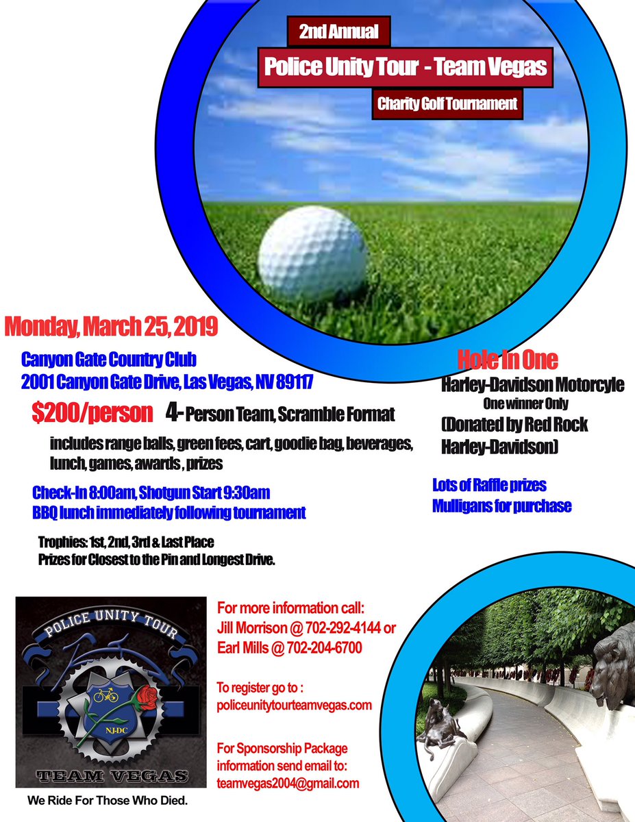 PUT_TeamVegas's tweet photo. Don't miss out on a great day of golf for great cause on March 25, 2019 at Canyon Gate Country Club, to help support local officers who will be riding for fallen officers in the 2019 Police Unity Tour. Go to our website for more information.

https://t.co/l72Aau378t https://t.co/gHBVOVdZGz