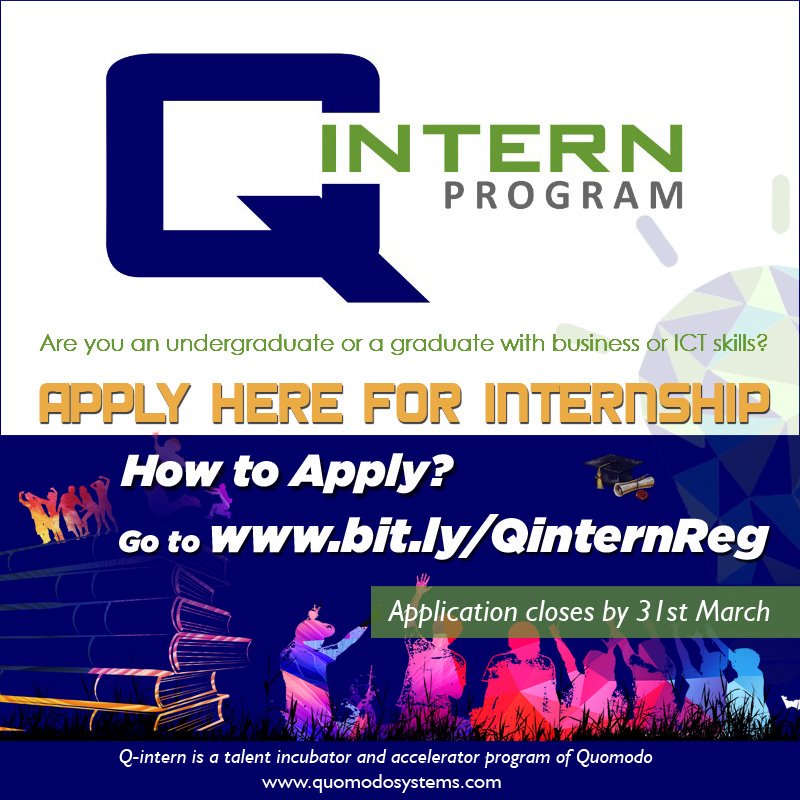 QuomodoSystems's tweet image. We are currently taking #interns. If you are a #Nigerian #undergrad or #grads with #business and #ICT background. Go to bit.ly/QinternReg to apply. Remuneration attractive. Application closes 31March.
#technology #talents #naija #lagos #Abuja #nysc #siwes