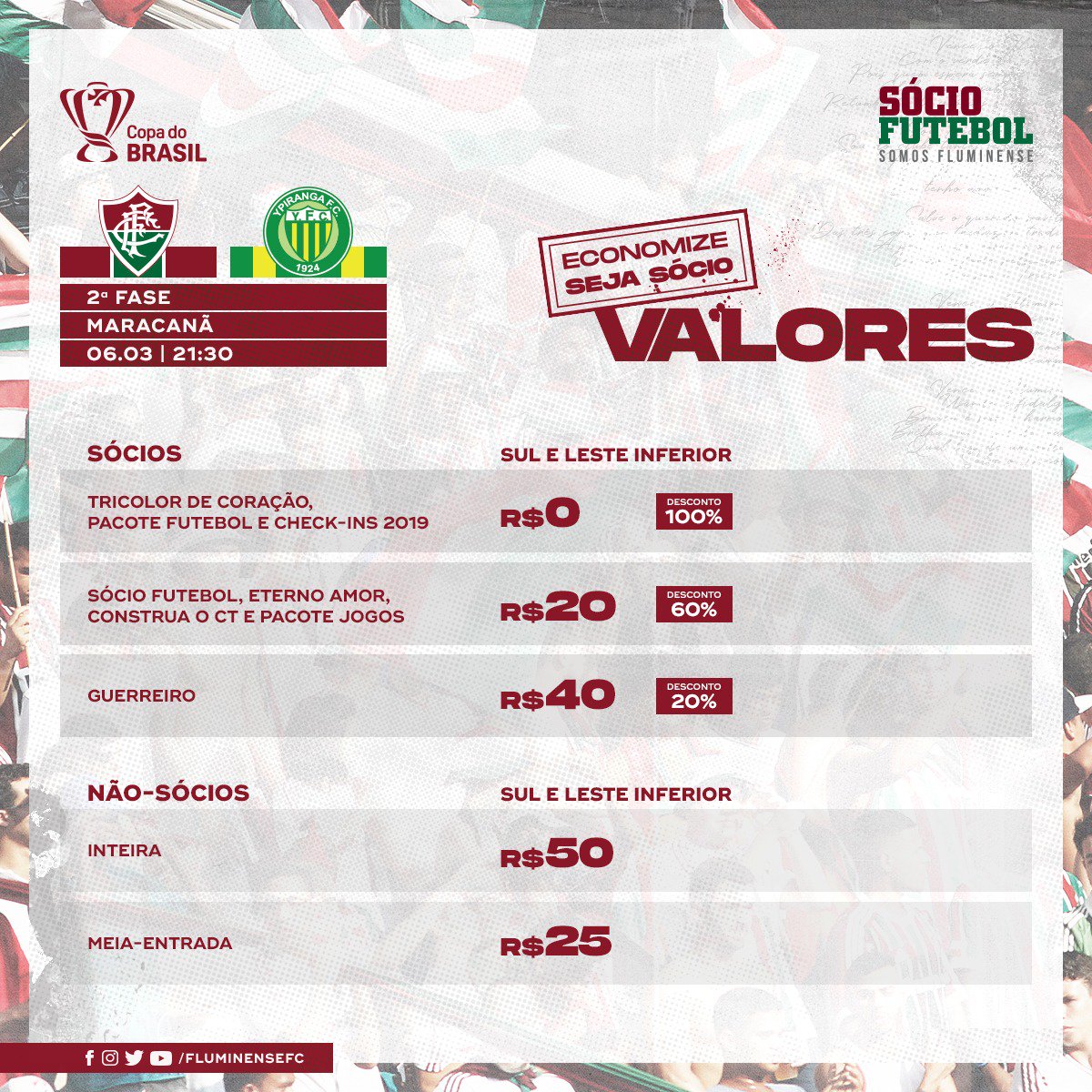 FluminenseFC's tweet photo. Chegou a hora de mais um duelo fundamental pela @copadobrasil! Nesta quarta, o Fluzão enfrenta o Ypiranga e conta com o seu apoio. Confira os valores e os pontos de venda. Não fique fora! Garanta seu ingresso >> https://t.co/aiegdQLjhk  #SejaSócio https://t.co/N1SH1BBYsw