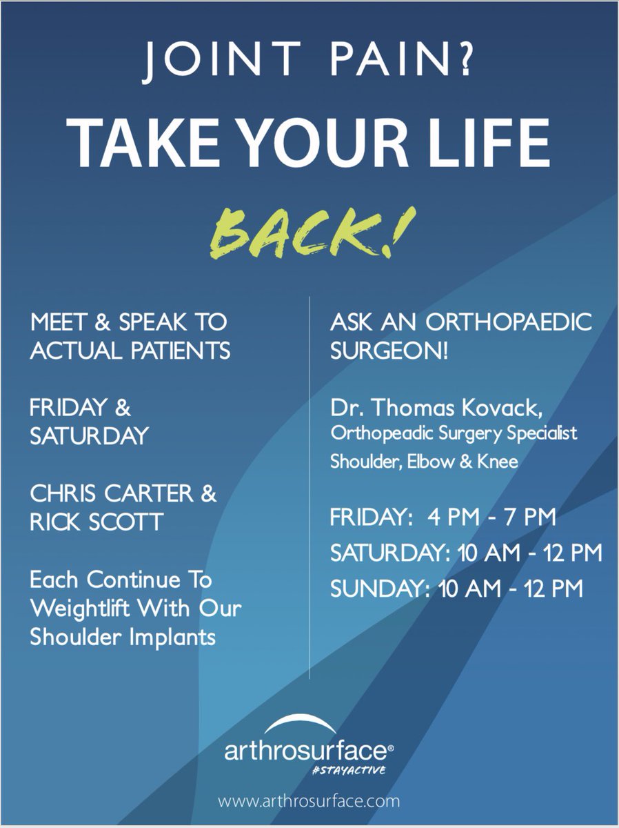 AnikaThera's tweet photo. Are you at #ArnoldClassic2019? Visit booth #1022. Dr Kovack will be here along with 2 of our patients to answer any questions you have. Stop by and say hi! #stayactive #choosemotion #MedDevice https://t.co/QTobmvRXjY