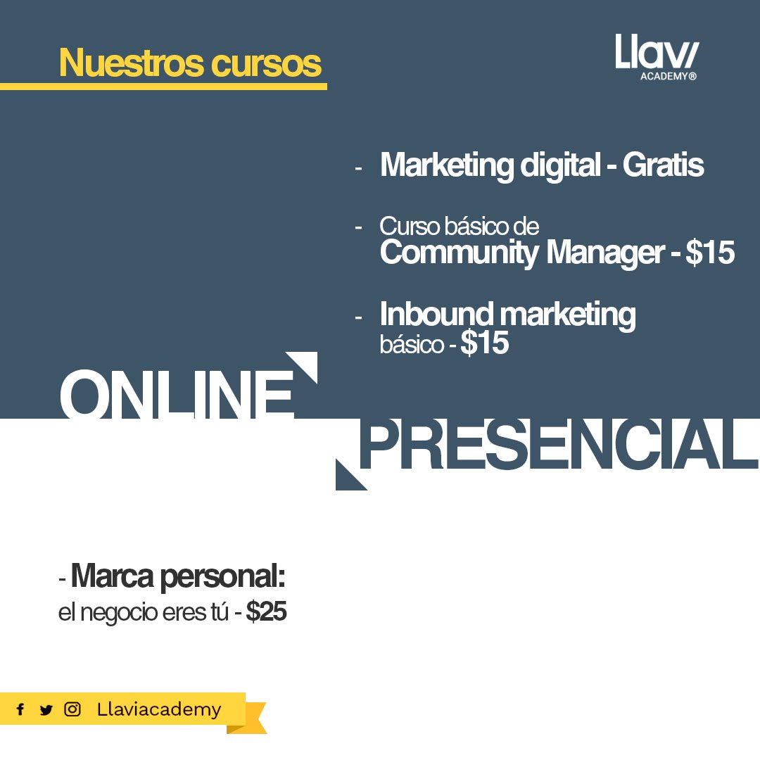 ¡Las mejores opciones online y presencial para ti! 
Otorgamos certificado por aprobación que puedes apostillar 📜
#LlaviAcademy #Cursos #OnLine #MarketingDigital #InboundMarketing #CommunityManager #Marcas #RedesSociales #SocialMedia