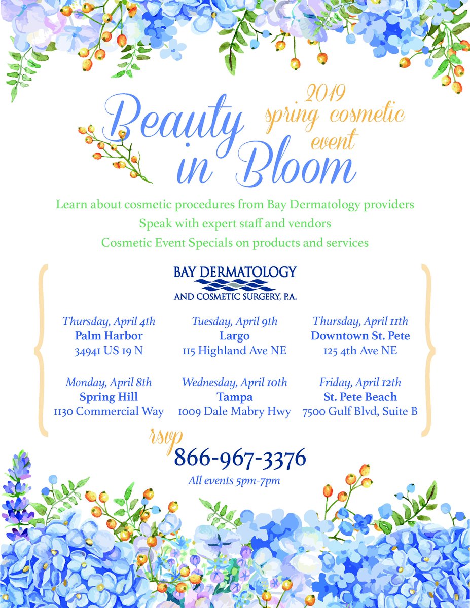 🌸 Join us for our exclusive Spring Cosmetic Event! 🌸
Enjoy great specials, speak with experts and learn about the best cosmetic procedures! 

#Spring #CosmeticEvent #Dermatology #CosmeticSurgery #Beauty #Health #Wellness