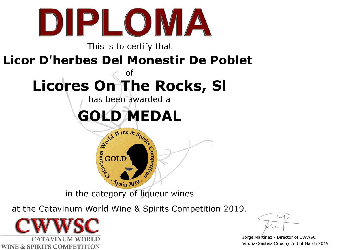 El licor d'herbes del Monestir de Poblet, guanya una medalla d'or en el concurs Catavinum World Wine & Spirits Competition