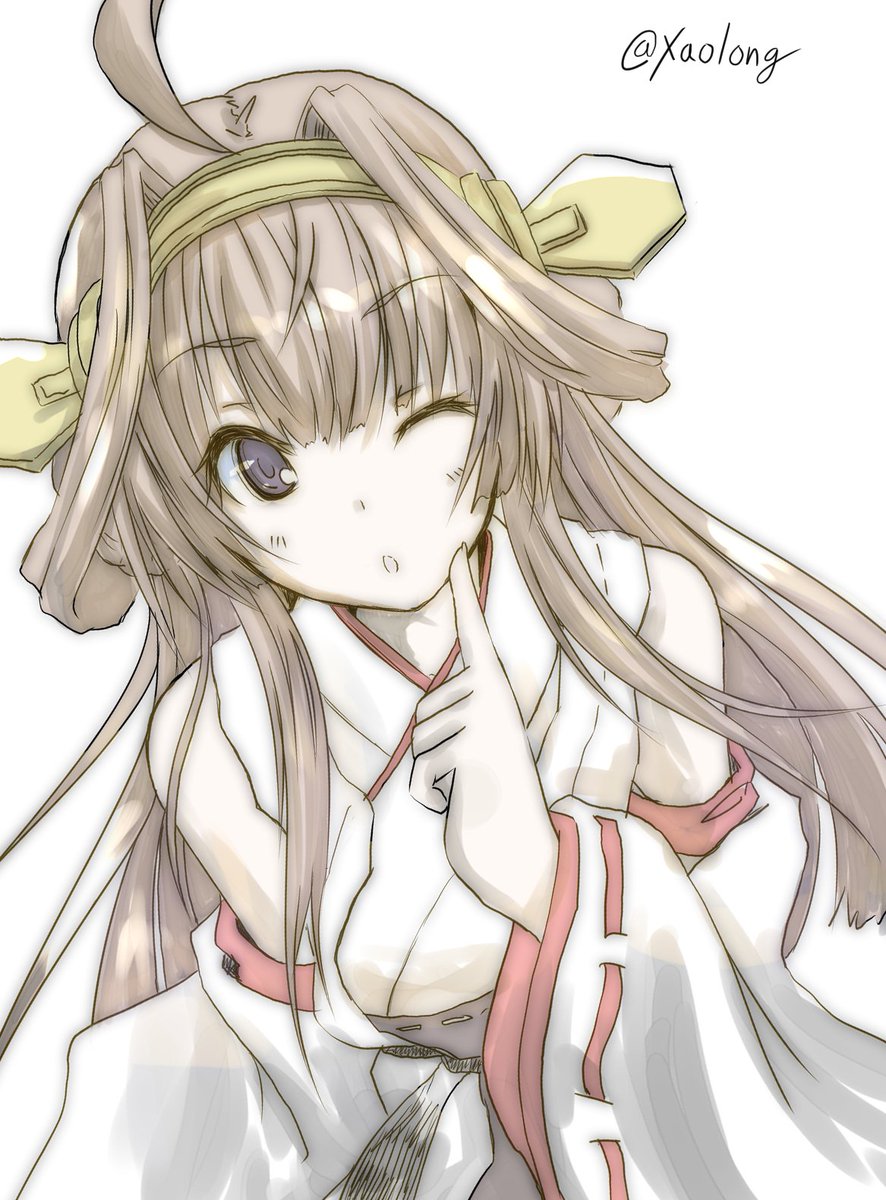 kongou (kancolle) 1girl solo long hair brown hair one eye closed ahoge detached sleeves  illustration images
