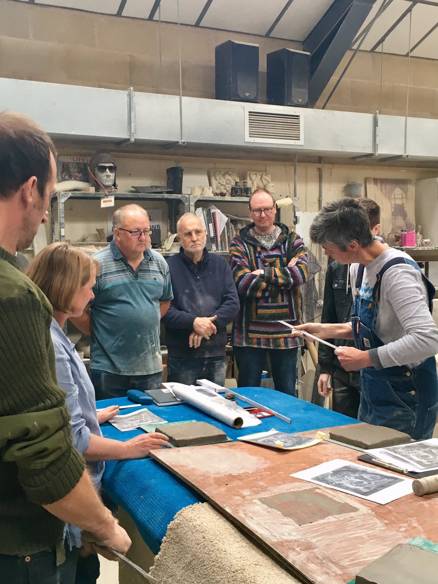 Our #ReliefStoneCarving course led by @bohl_am is well underway @GlosCathedral  - so far we have had a tour from James one of our stonemasons, sketched the Norman moustached man in the Crypt and are now making clay models, phew! #heritageskills @artsandcrafts