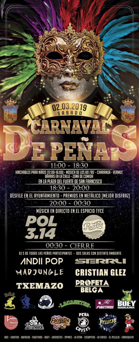Desde el <a href="/GuadalajaraAyto/">Ayuntamiento de Guadalajara</a> queremos agradecer a las peñas de #Guadalajara su implicación y participación en el #CarnavalGuada2019.

➡️ Esta tarde nos vemos en el tradicional desfile y entrega de premios. Y, después, en el Espacio TYCE con música en directo.

¡Os esperamos! 🙋🏽‍♂️🎶