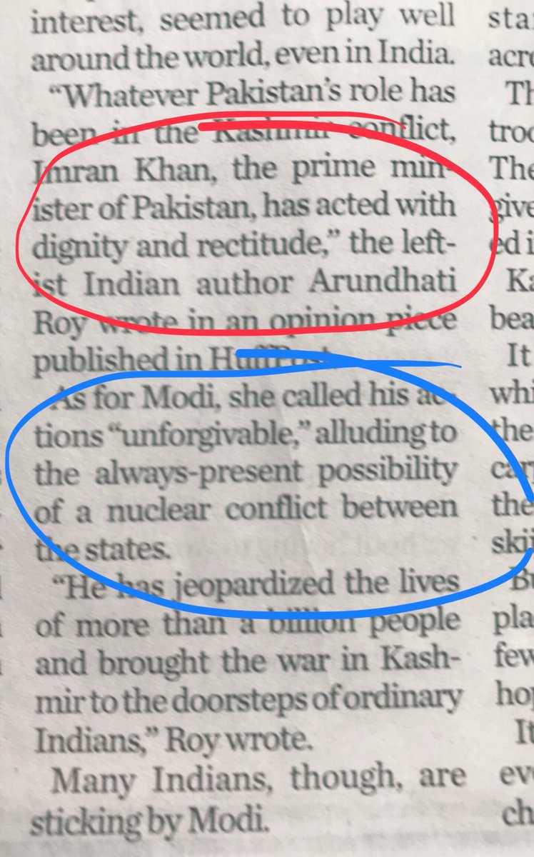 #ArundhatiRoy praises Pakistan PM #ImranKhan as 'having acted with dignity & rectitude,' but she calls ⁦@NarendraModi's actions 'unforgivable.' Modi 'has jeopardized the lives of more than a bilion people and brought the war in #Kashmir to the doorsteps of ordinary Indians.'