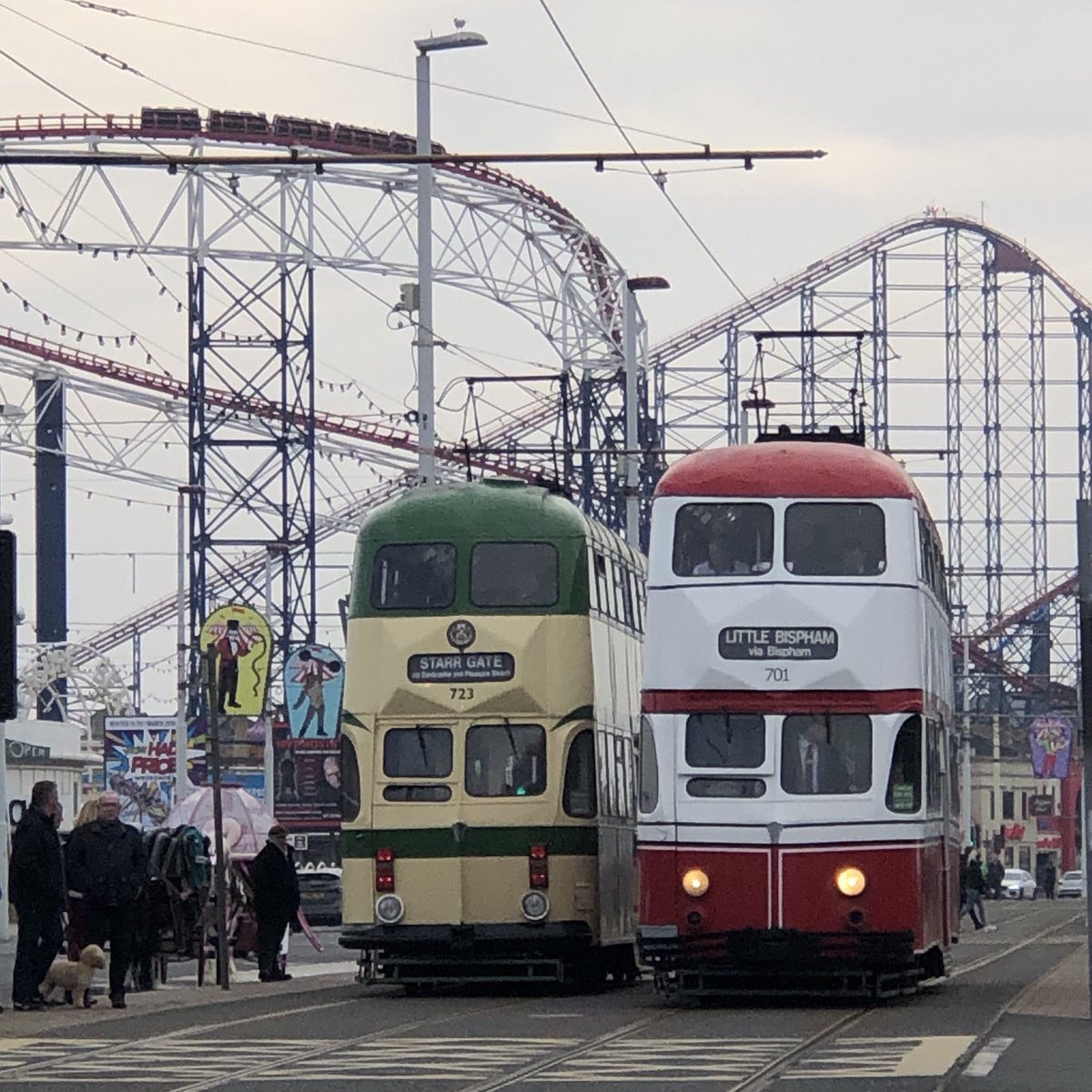 Stop before you go further. 
We’re living on a roller coaster. 
See the bigger picture. 
Now we’re all richer! @jamesloyart #streetphotography #photography #blackpool #tram #rollercoaster #blackpoolpleasurebeach #red #green #stop #go #ride #promenade @blackpoolheritage #thoughts