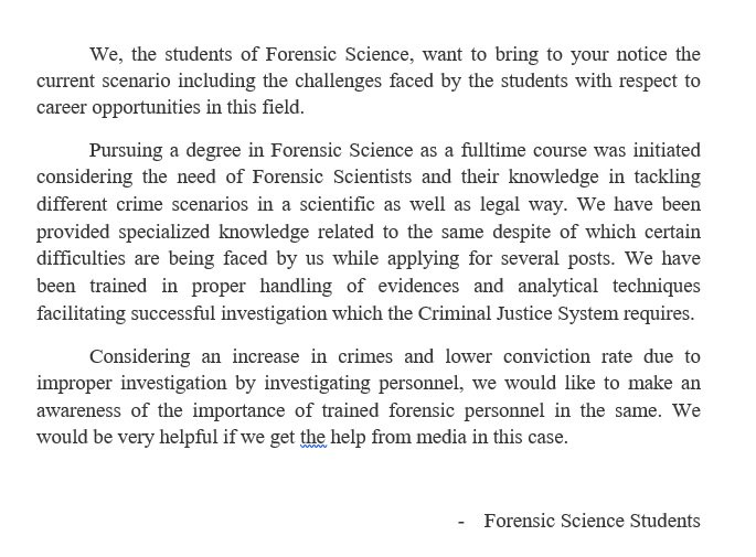 PranotiASalgar's tweet photo. @ZeeNews
@TOIMumbai
@TOIIndia.
@kamleshsutar
@abpmajhatv
@MiLOKMAT

The future of Forensic Science is in Turmoil
#ForensicInvestigation #WhyNotUs 
या देशात न्याय सहाय्यक विज्ञानाचे भवितव्य आम्हीच घडवू शकतो 
मग #आम्हीकानाही https://t.co/cXmL3KP807