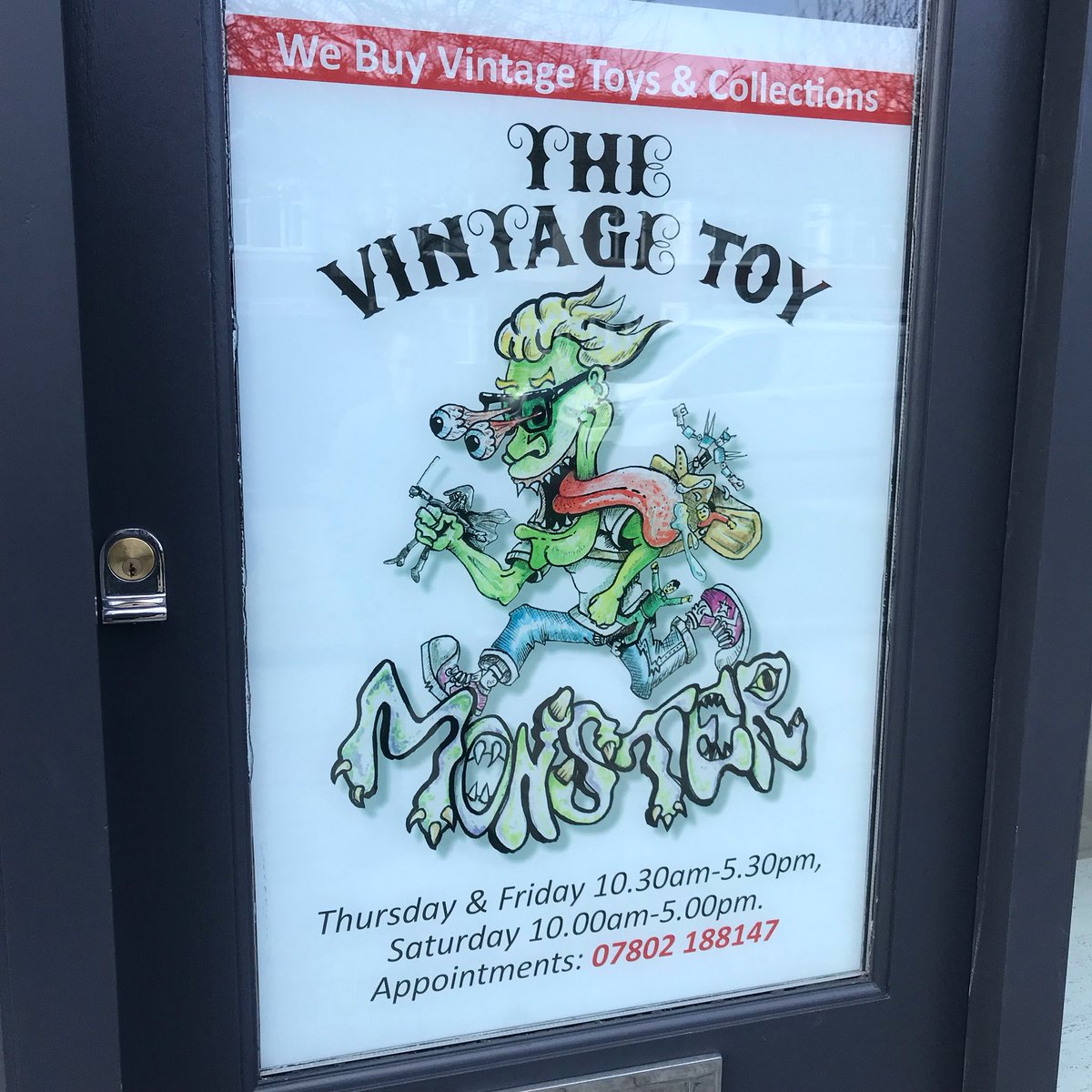 Small window graphic installed today for the vintage toy monster opening soon Portsmouth.