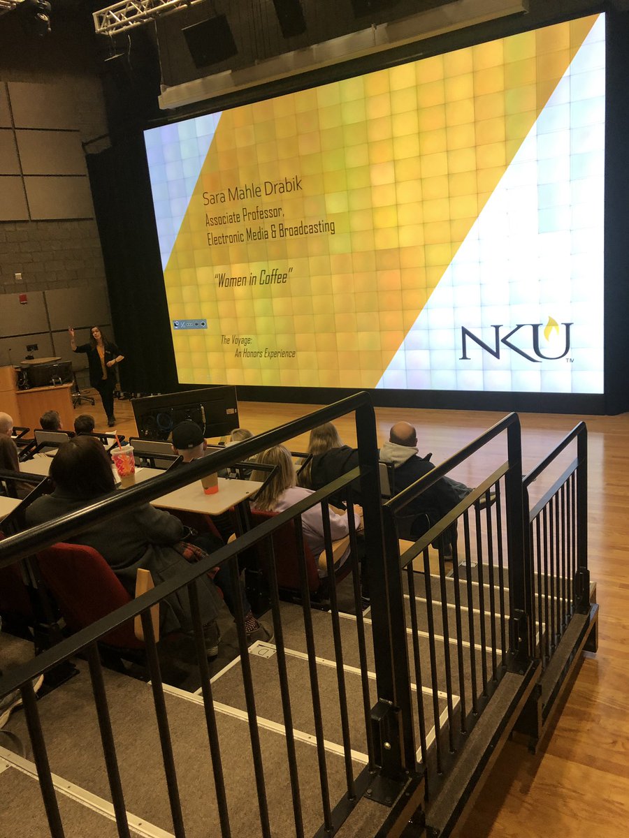 #HappeningNow Our own, Sara Drabik talks to students here on the <a href="/nku_honors/">NKU Honors</a> Voyage. And what better topic than coffee? #nkuinformatics