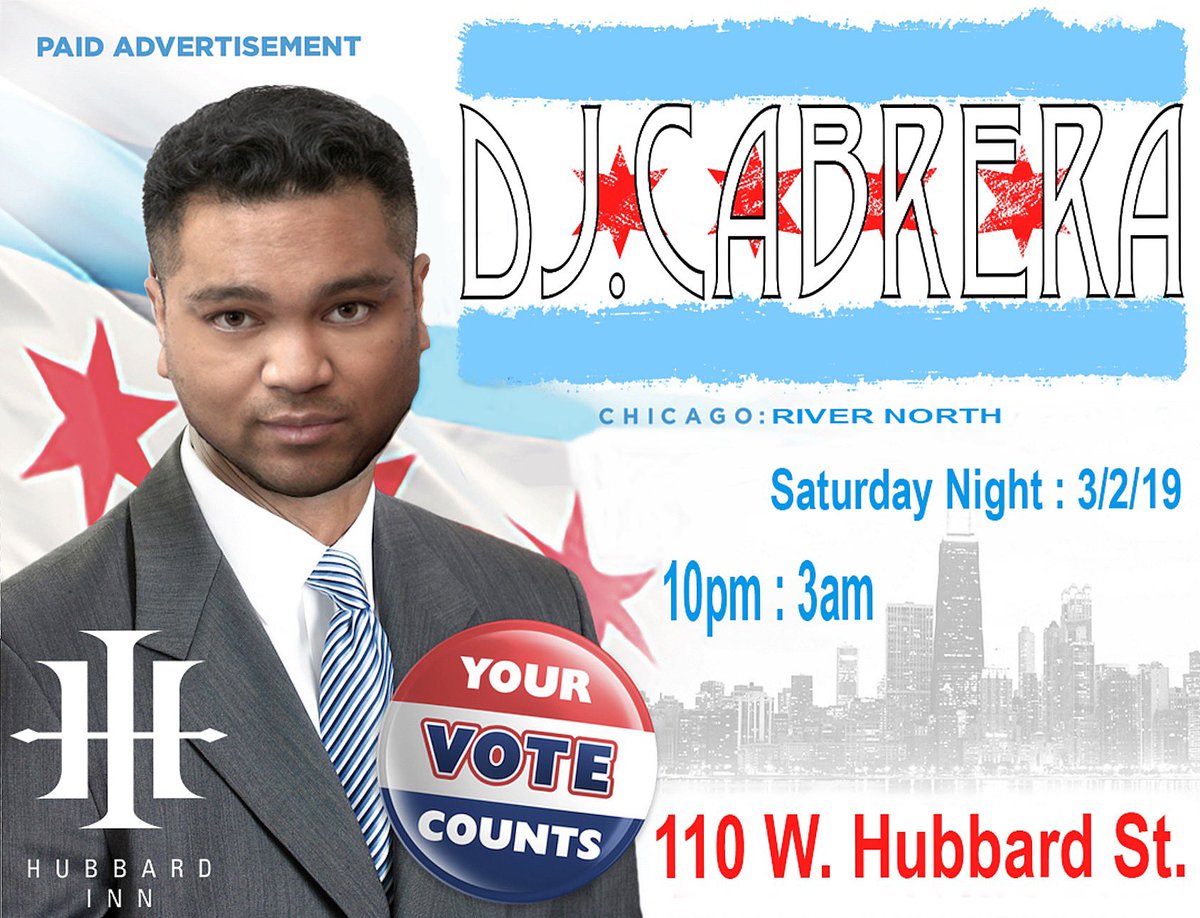jaydawgc's tweet photo. “It is our civic responsibility as Chicagoans....to stop by @hubbardinn tonight and enjoy the music provided by DJ.Cabrera!” 
#SaturdayNight #HubbardInn #RiverNorth #Chicago 
#DJLife @deftaldjs @deftal @deftal_inc #DeftalDJs #DeftalChicago #DJ #RocktheVote #VoteorDie  #TheMayor https://t.co/b8emkNbDim