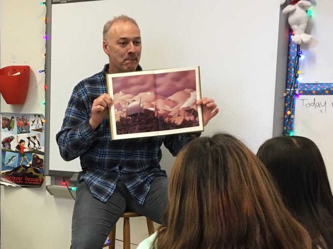 LocalSmartsEdu's tweet photo. Guest reader @ Waterman Elem yesterday. Showing students one view of a possible future from Chris Van Allsburg’s _ Just a Dream_. Today’s actions affect tomorrow. @JMUCoE #EDUC300 #Spring005 #Spring015 https://t.co/9Fm0toVVzA