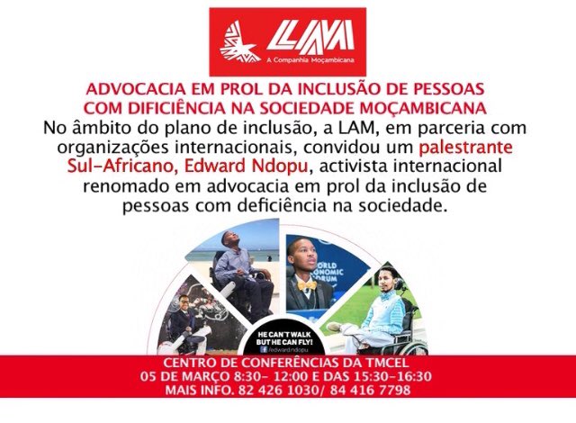 O que fazes para a #inclusão das pessoas com algum tipo de incapacidade na sociedade?Vem conhecer 5 Daisies do nosso projecto terça 5/3 às 15:30 no centro de conferências da TDM num evento das Linhas Aéreas de Moçambique com a presença de <a href="/eddiendopu/">Eddie Ndopu</a> #LeaveNoOneBehind #Disability