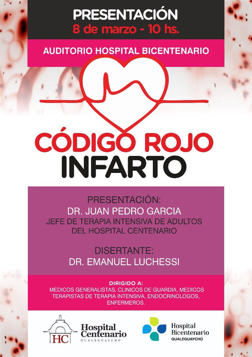 EmanuelLuchessi's tweet photo. El próximo 8/3 en el Hospital Bicentenario presentaremos el Código Rojo Infarto Gualeguaychú.
Con el compromiso y el trabajo de todos llegaremos cada vez más a tiempo. #codigorojoinfarto #codigorojoinfartogualeguaychu #infarto #cardiologiaintervencionista #gualeguaychu https://t.co/BdAcpH0aXb