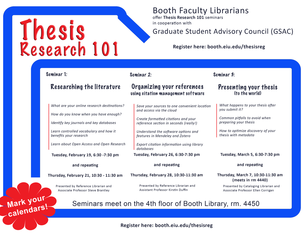 Booth Library, EIU (@boothlibrary) on Twitter photo Students: How can you make sure others discover your research? We can help with that! Join librarian Ellen Corrigan for a workshop on Tues. evening and again on Thurs. morn. It's free, but register at booth.eiu.edu/thesisreg. <a href="/gradschooleiu/">EIU Graduate School</a> <a href="/eiu/">#EIU</a> <a href="/boothreference/">EIU Research help</a> @BoothBTC Students: How can you make sure others discover your research? We can help with that! Join librarian Ellen Corrigan for a workshop on Tues. evening and again on Thurs. morn. It's free, but register at booth.eiu.edu/thesisreg. <a href="/gradschooleiu/">EIU Graduate School</a> <a href="/eiu/">#EIU</a> <a href="/boothreference/">EIU Research help</a> @BoothBTC