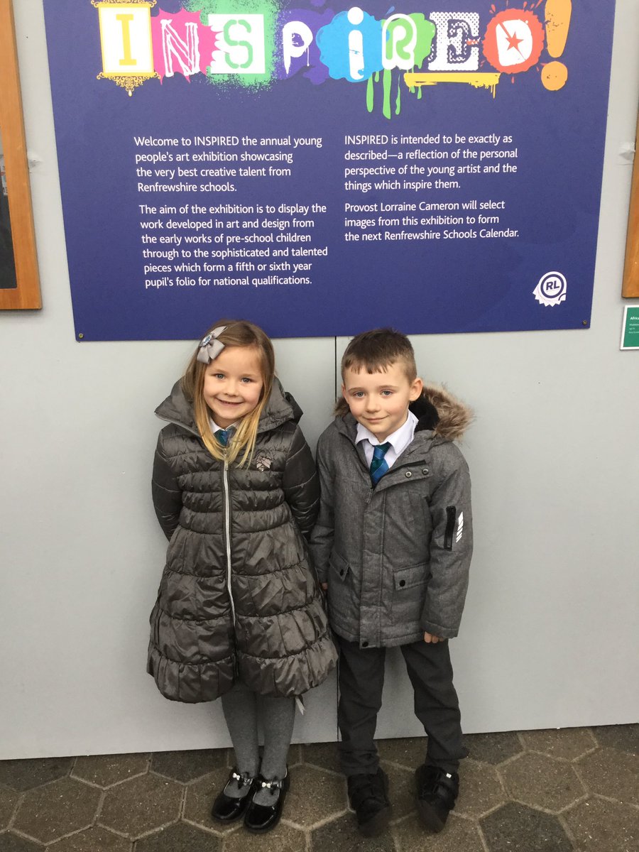 Barsail_Primary's tweet photo. A huge well done to our two very talented P1s, Cameron and Layla whose wonderful art work was chosen from many entries to be displayed at the ‘Inspired Art Exhibition’ at the Tannahill Centre in Paisley. We are very proud of you both! 👏🌟👏🌟 #inspired #art #barsail 💙 https://t.co/xdlixPoxzA