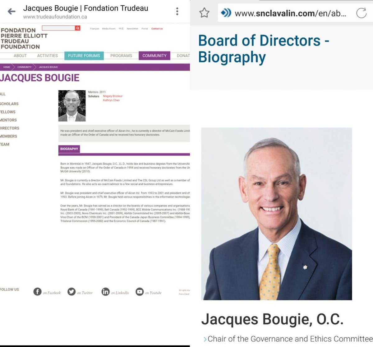 Franktmcveety's tweet image. So let me get this straight ... Jacques Bougie who JUST so happens to not only sit on the board of SNC-Lavalin ... ALSO sits on the board for ... get ready ... The Trudeau Foundation ?
Yeah, no conflict of interest there.