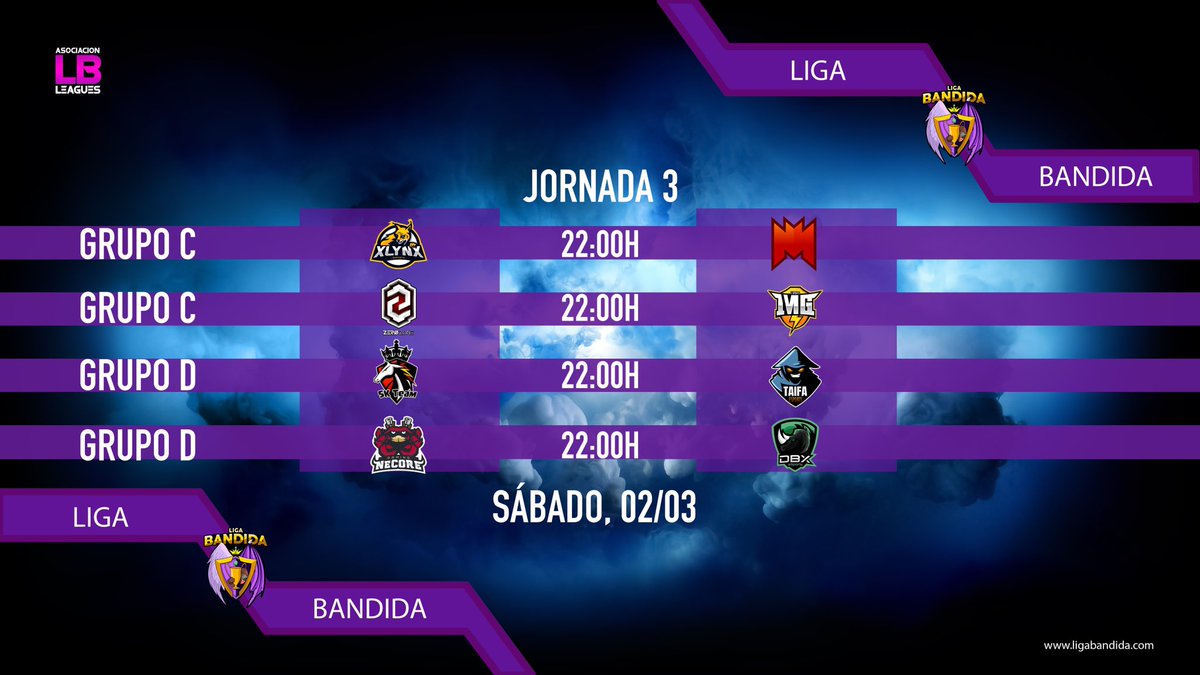 #GruposCyD | JORNADA 3

▫️| Grupo C

<a href="/xlynxesports/">XLYNX ESPORTS CLUB 💛</a> 🆚 @Inf_EsportsCR
<a href="/zerozoneclub/">.</a> 🆚 @ImagineSportsCR
<a href="/ClashWithClass_/">WithClass</a> descansa
🔰| ligabandida.com/joomsport_seas…

▫️| Grupo D

@SK_TeamES 🆚 <a href="/Taifa_eSports/">Taifa eSports💙</a>
@NeCOREgaming 🆚 @TeamDBX
@RoyaleLegion descansa
🔰| ligabandida.com/joomsport_seas…