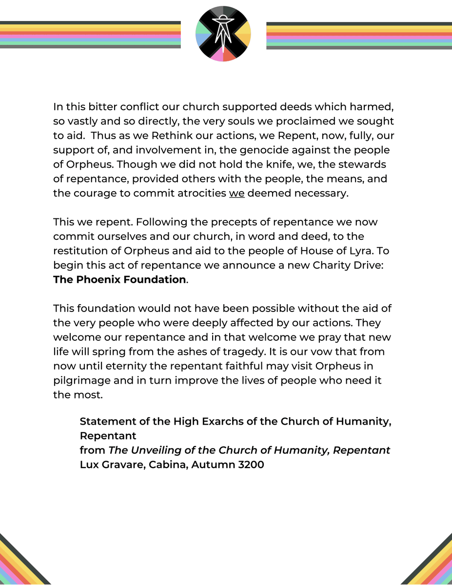 HumanityRepent's tweet photo. The Church of Humanity Repentant announces the creation of the Phoenix Foundation as a step of its Repentance for its participation in the genocide of Orpheus.  

@skinnyghost @HouseLyra
@PRISMHeadlines #FarVerona https://t.co/g3hUKBeq4x