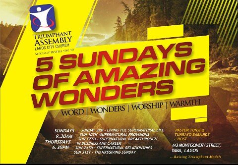 churchannouncer's tweet photo. Plan to attend 5 Sundays of Amazing Wonders...don't miss it out.
#Word | #Wonder | #Worship |#Warm
Details on flier.
#wearechurchannouncer
#Churchannouncer
#eChurchproject
#TriumphantAssembly
#TALagos
#5Sundays
@tjbabajide @albertoduwole https://t.co/Zi05Mk8g5x
