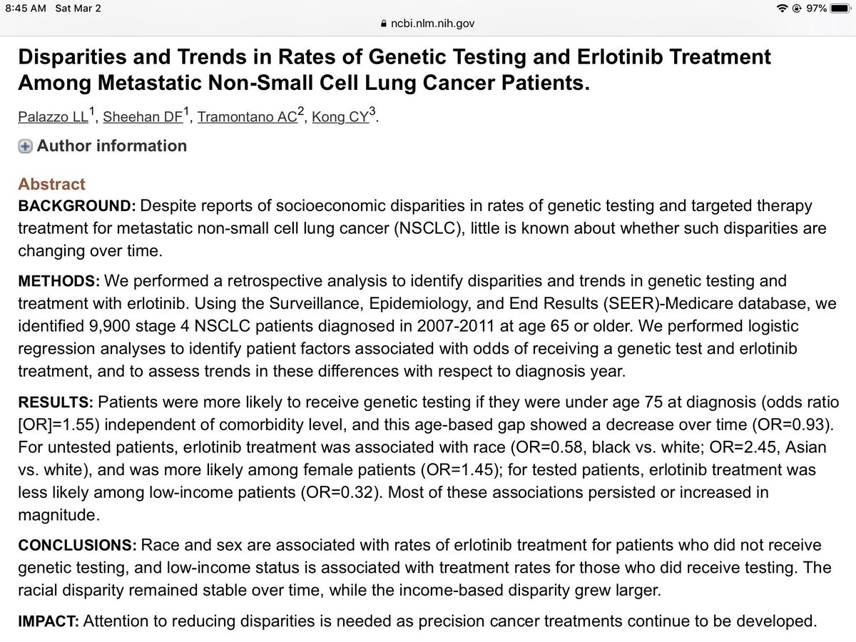 Persistent racial/ethnic and income disparities in genetic testing and targeted treatment in patients with metastatic lung cancer. Via #CEBP. cebp.aacrjournals.org/content/early/…