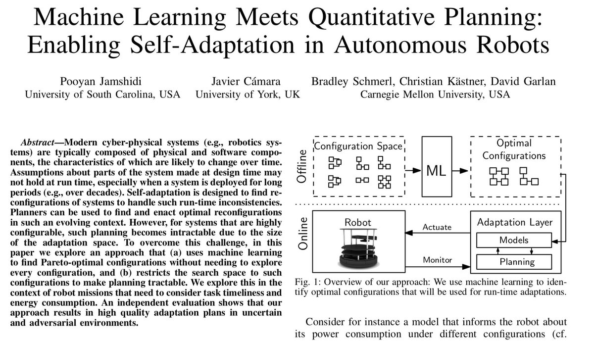 PooyanJamshidi's tweet image. Accepted @SEAMSconf! Awesome experience in my career to work with such a great team for a @DARPA funded project, this work was evaluated totally "independently" by a team at MIT Lincoln Lab. I should, in particular, thank Javier, Bradley #AutonomousRobot #ArtificialIntelligence