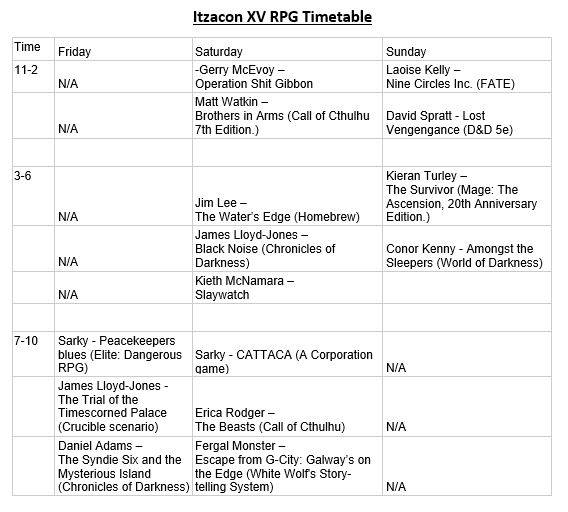 ItzaconEire's tweet photo. UPDATE!
Here is the updated RPG timetable with writers and systems included!
Any updates to this will be announced when they are made!
See you guys soon!
#itzacon #legends #forgeyourpath #RPGs #dnd #galway #NUIG #ireland #cons #conventions https://t.co/zoUzXYNLMu
