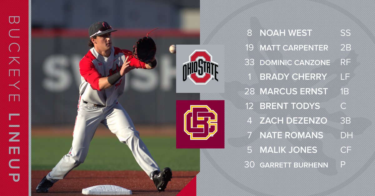 OhioStateBASE's tweet photo. Lineup for Game 🔟

@MattCarp17 making his first start of the year, @marcusernst02 starting at 1B for the first time for the Buckeyes 

#GoBucks https://t.co/K3QkP4cS25