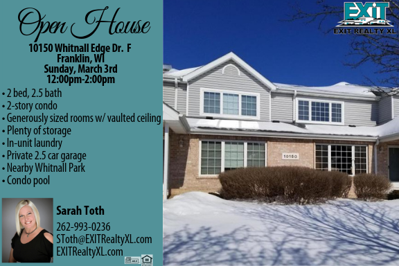 Jerry_Grosenick's tweet photo. OPEN HOUSE Sunday, March 3rd 12-2PM in Franklin, WI! Condo listed by Sarah Toth with EXIT Realty XL: 262-993-0236 See you There!!!

#EXITRealtyXL #OPENHOUSE #SundayHouseHunting #CondoPool
Questions about buying? Click: https://t.co/UfxTer8Mc7 https://t.co/uxSgq96N0A